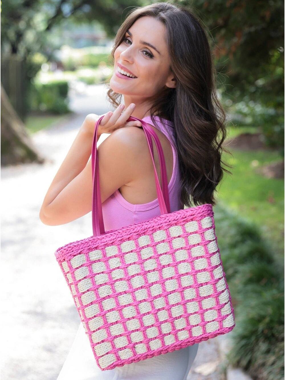 Juanita Pink Woven Straw Tote Bag Drawstring Beach Resort NWT